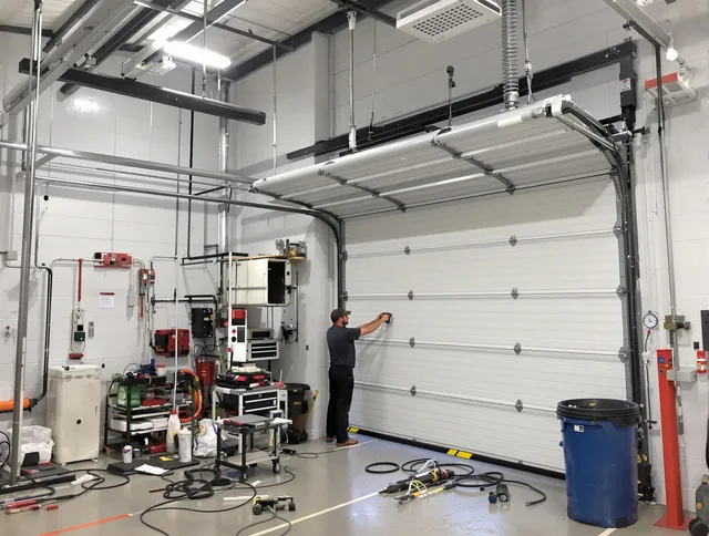 Sagamore Hills Garage Door Repair certified technician performing commercial door repair at a Sagamore Hills business facility