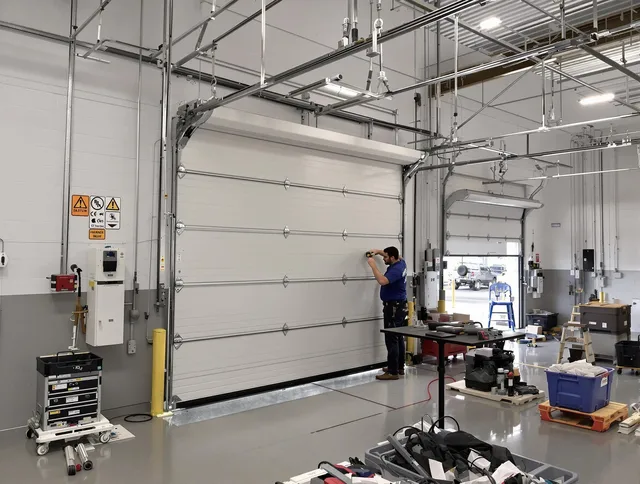 Commercial garage door repair being performed by Sagamore Hills Garage Door Repair expert in Sagamore Hills