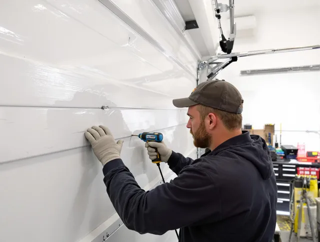 Sagamore Hills Garage Door Repair technician demonstrating precision dent removal techniques on a Sagamore Hills garage door