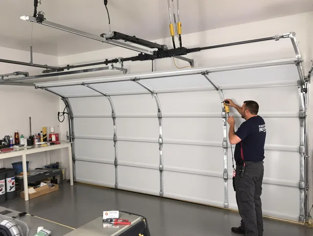 Sagamore Hills Garage Door Repair certified technician performing overhead door system repair in Sagamore Hills