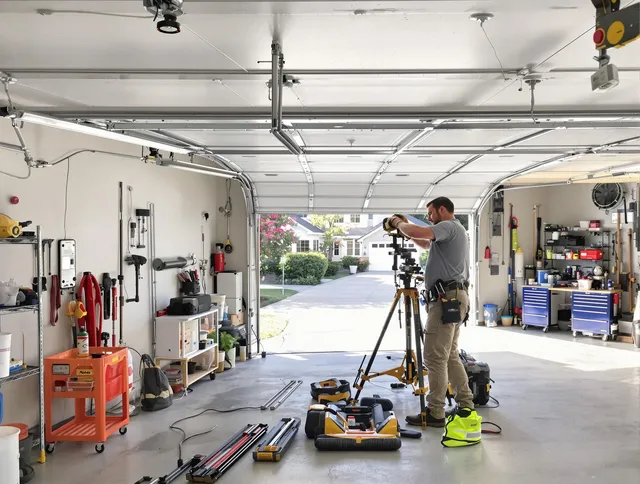 Sagamore Hills Garage Door Repair specialist performing laser-guided track alignment in Sagamore Hills